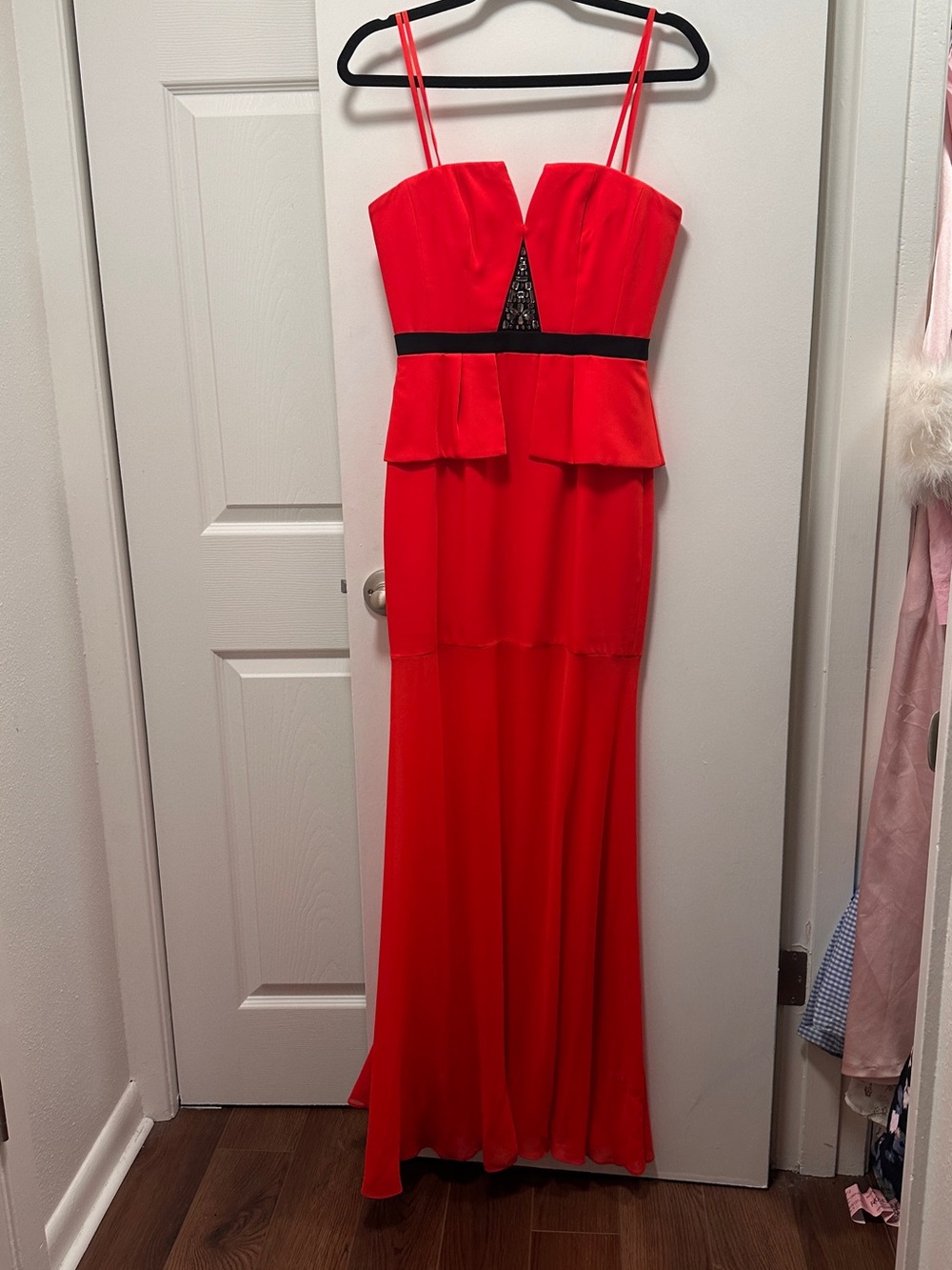 BCBG maxazria Red Peplum Strap Maxi Dress with Black Waist Detail